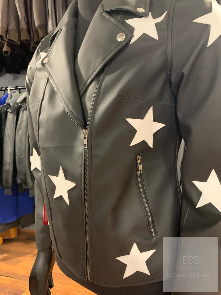 Women’s Black Leather Biker Jacket – Real Cowhide with Star Patches | Slim Fit Handmade Outerwear