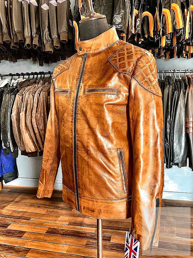 Men’s Tan Waxed Leather Jacket – Full Grain Cowhide, Vintage Moto Style, Quilted Shoulders | Elysian Code Studios