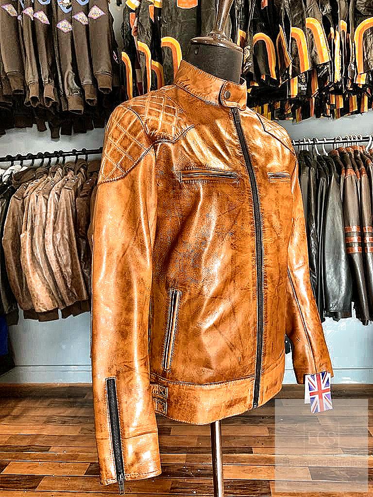 Men’s Tan Waxed Leather Jacket – Full Grain Cowhide, Vintage Moto Style, Quilted Shoulders | Elysian Code Studios