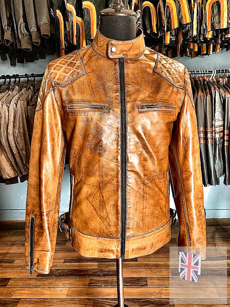 Men’s Tan Waxed Leather Jacket – Full Grain Cowhide, Vintage Moto Style, Quilted Shoulders | Elysian Code Studios