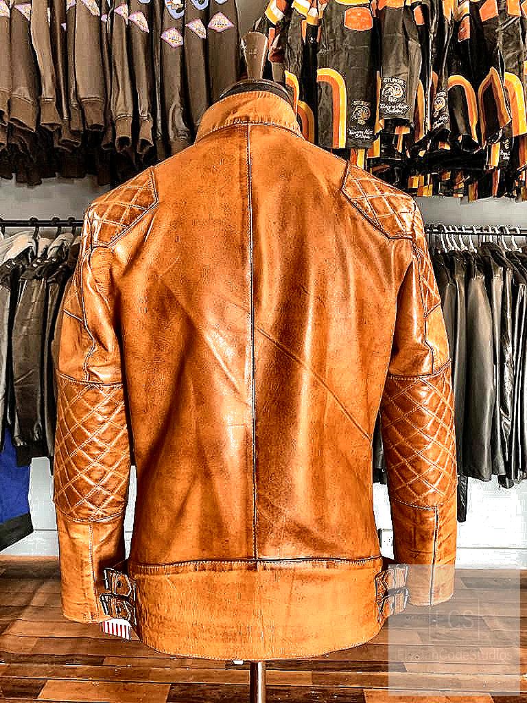 Men’s Tan Waxed Leather Jacket – Full Grain Cowhide, Vintage Moto Style, Quilted Shoulders | Elysian Code Studios