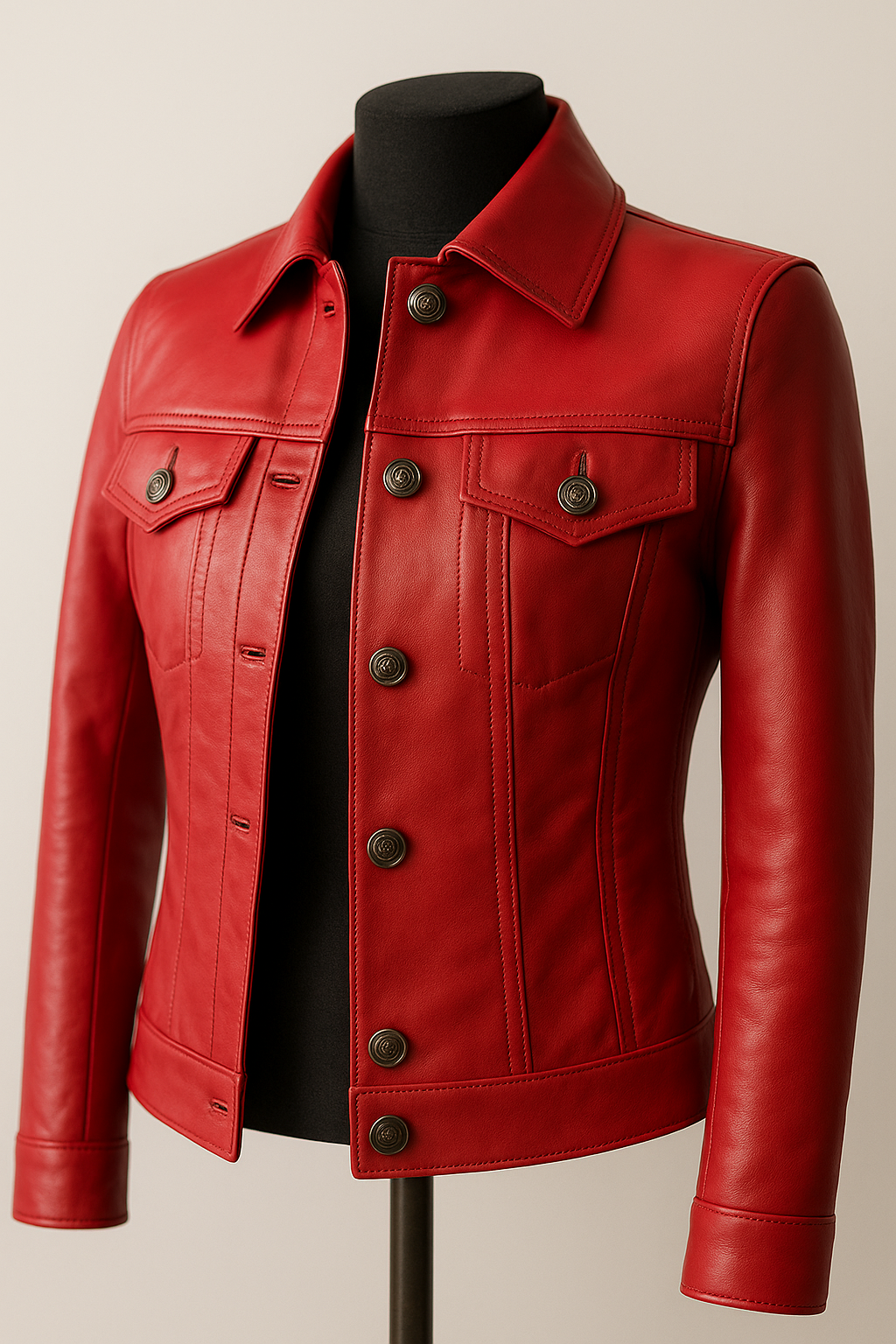 Women’s Red Leather Trucker Jacket – Genuine Sheepskin | Handmade Western Style | Tailored Fitted Button-Up Coat UK