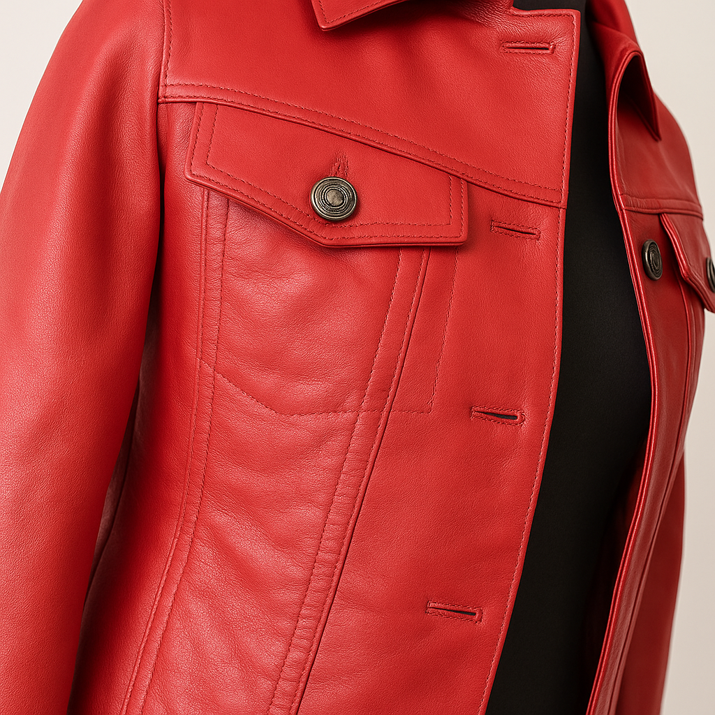 Women’s Red Leather Trucker Jacket – Genuine Sheepskin | Handmade Western Style | Tailored Fitted Button-Up Coat UK