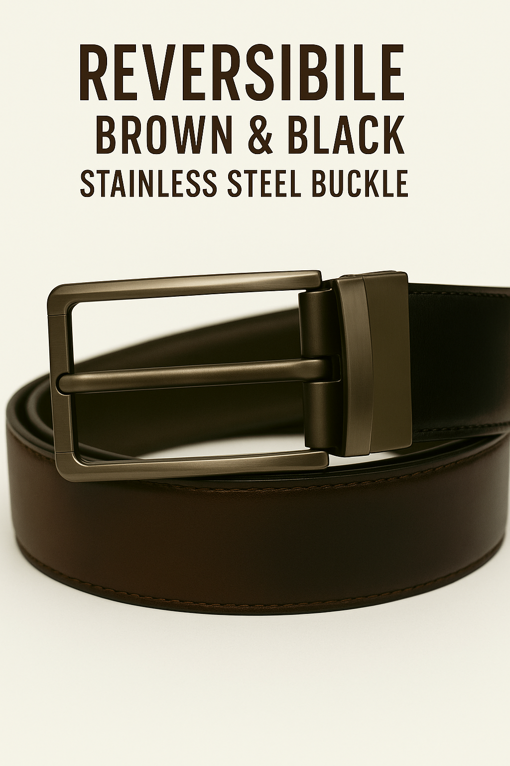 Men’s Genuine Leather Reversible Belt – Brown & Black | Stainless Steel Buckle | 32–42 Inch Waist