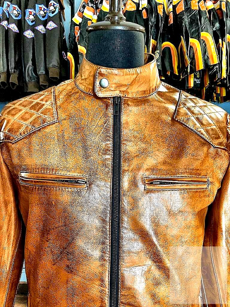 Men’s Tan Waxed Leather Jacket – Full Grain Cowhide, Vintage Moto Style, Quilted Shoulders | Elysian Code Studios