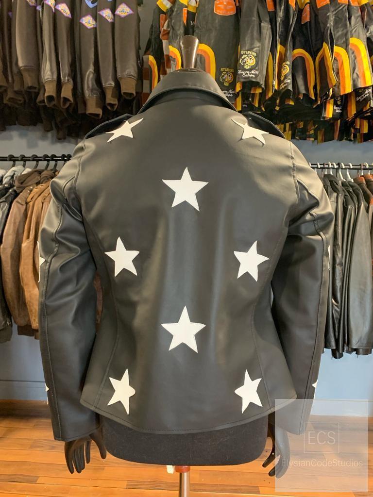 Women’s Black Leather Biker Jacket – Real Cowhide with Star Patches | Slim Fit Handmade Outerwear