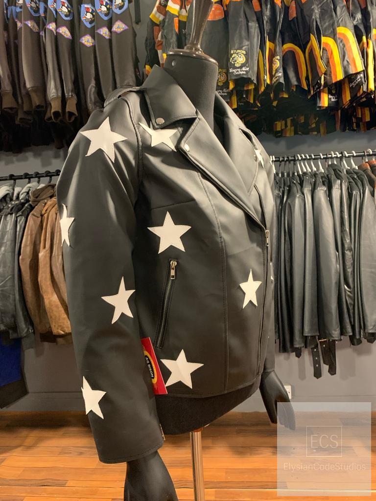 Women’s Black Leather Biker Jacket – Real Cowhide with Star Patches | Slim Fit Handmade Outerwear