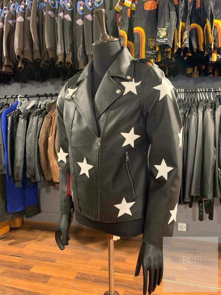 Women’s Black Leather Biker Jacket – Real Cowhide with Star Patches | Slim Fit Handmade Outerwear