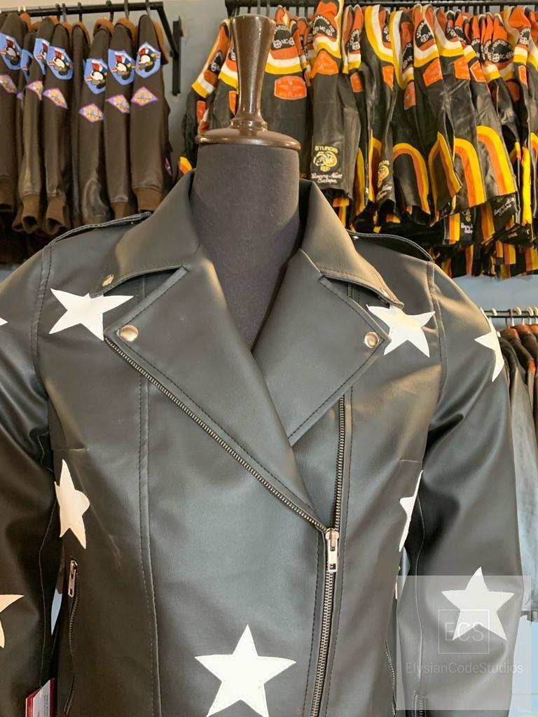 Women’s Black Leather Biker Jacket – Real Cowhide with Star Patches | Slim Fit Handmade Outerwear